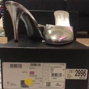 CHANEL Metallic Goatskin CC Mules 41 Silver